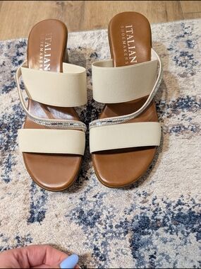Italian Shoemakers Cream Slide Sandals with Crystal Accent